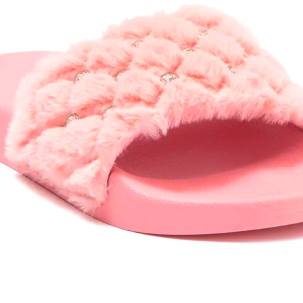 bebe Pink Quilted Faux Fur Slide Sandals with Crystal Studs